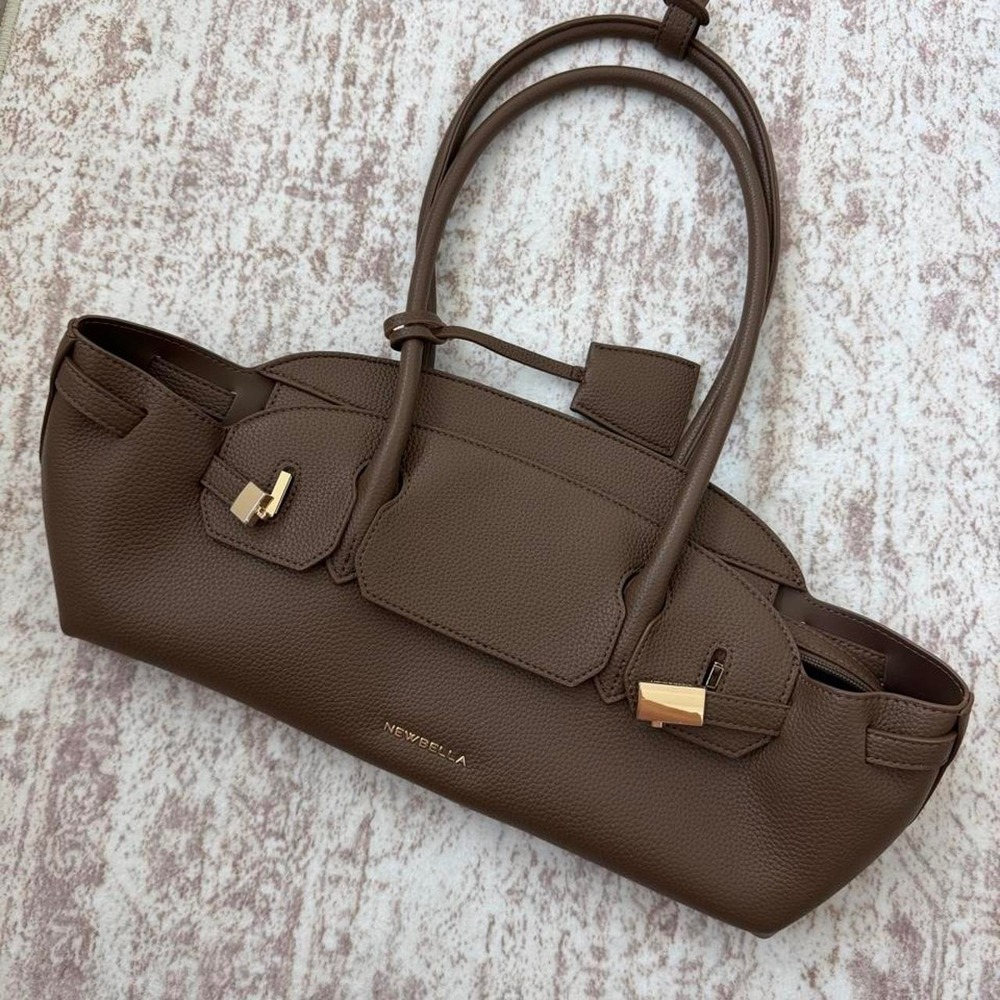 NEWBELLA Mila Baguette Shoulder Bag Coffee Brown Pebbled Vegan Leather NWOT